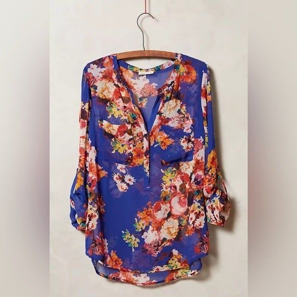 Anthropologie Floral Blouse by Meadow Rue Kennedia Henley Blue XS - Picture 1 of 10